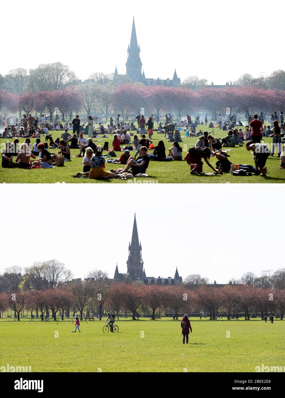 Zusammengesetztes Foto von Menschen, die den Sonnenschein in den Meadows, Edinburgh, während des sonnigen Osterfeiertags Wochenende 22/04/19 (oben) und fast menschenleer heute (unten) genießen, während das Vereinigte Königreich weiterhin in der Sperre, um die Ausbreitung des Coronavirus einzudämmen. Stockfoto