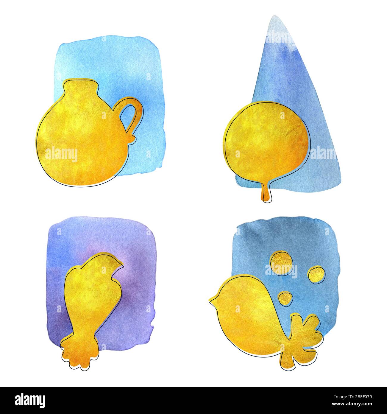 Hand bemaltes Aquarell abstrakt Set mit separaten Elementen auf dem hellen Hintergrund. Helles Cartoon-Konzept für Einladungen, Poster, Grußkarten. Stockfoto