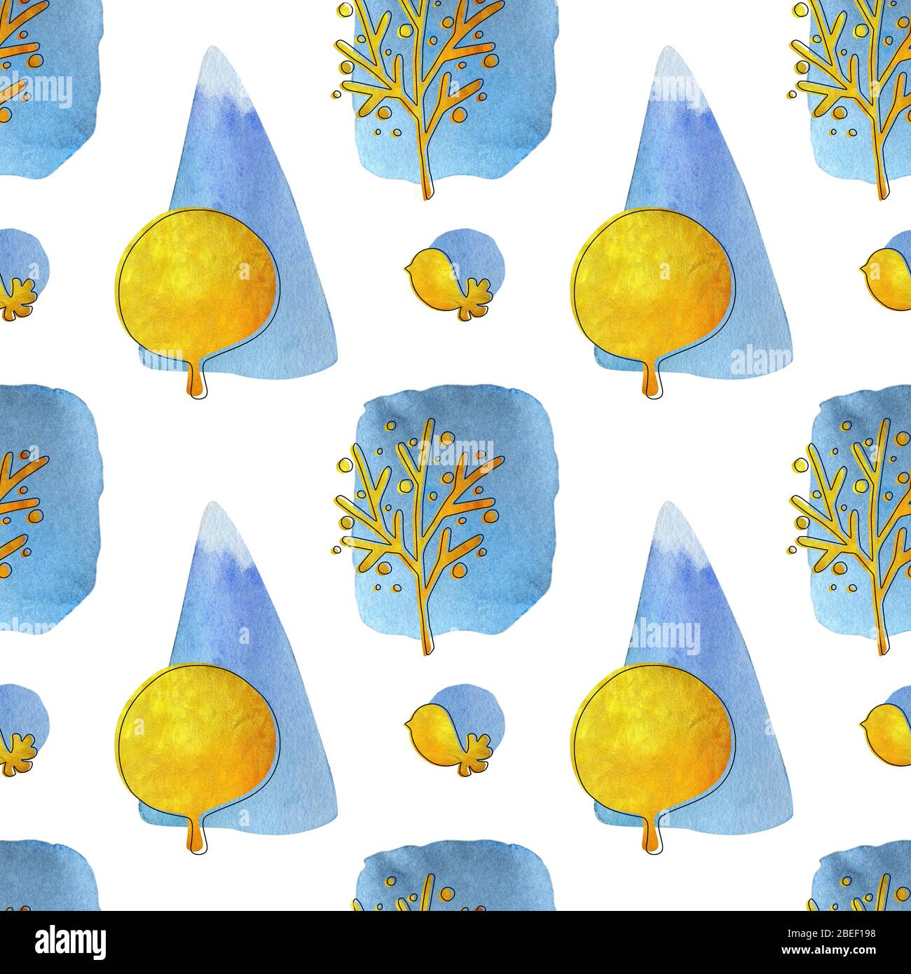 Aquarell nahtlose Muster mit Vögeln, Bäumen und bunten geometrischen Formen auf dem hellen Hintergrund. Handgezeichnetes Goldwasser mit Tuschstrich. Stockfoto