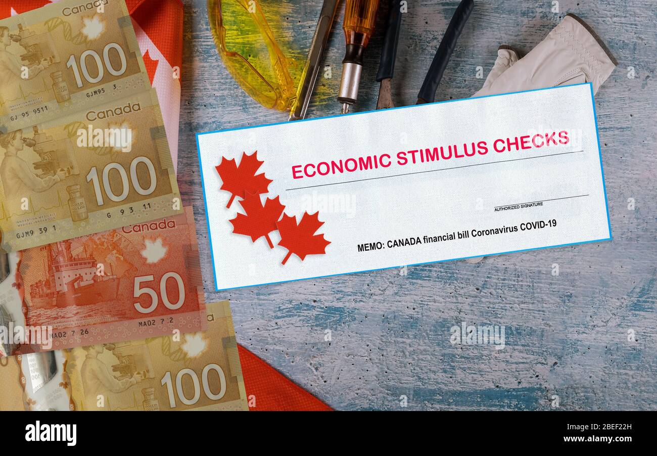 Kanada COVID-19 über globale Pandemie Lockdown Konjunkturpaket finanzielle Entlastung Kanadische Regierung Stimulus Coronavirus Entlastung Rechnung angekündigt, Kanadier Stockfoto