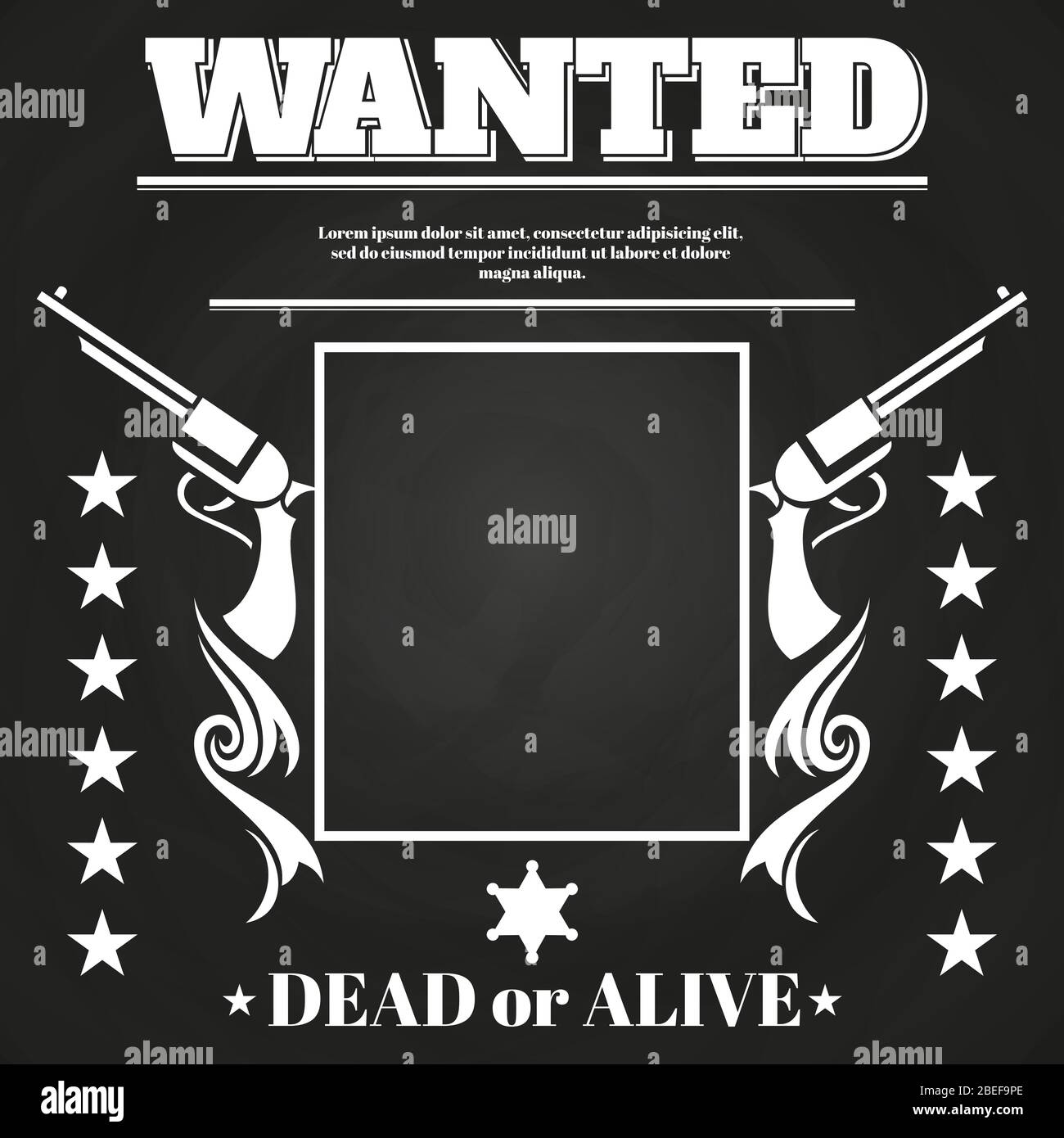 Kreidetafel wollte Poster Design mit westlichen Elementen. Vintage-Rahmen, Vektorgrafik Stock Vektor