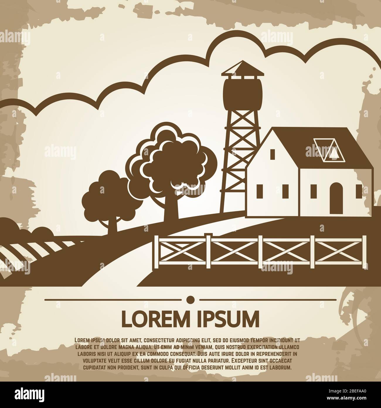 Grunge Bauernhof Hintergrund auf Vintage-Seite mit Bauernhaus und Text. Vektorgrafik Stock Vektor