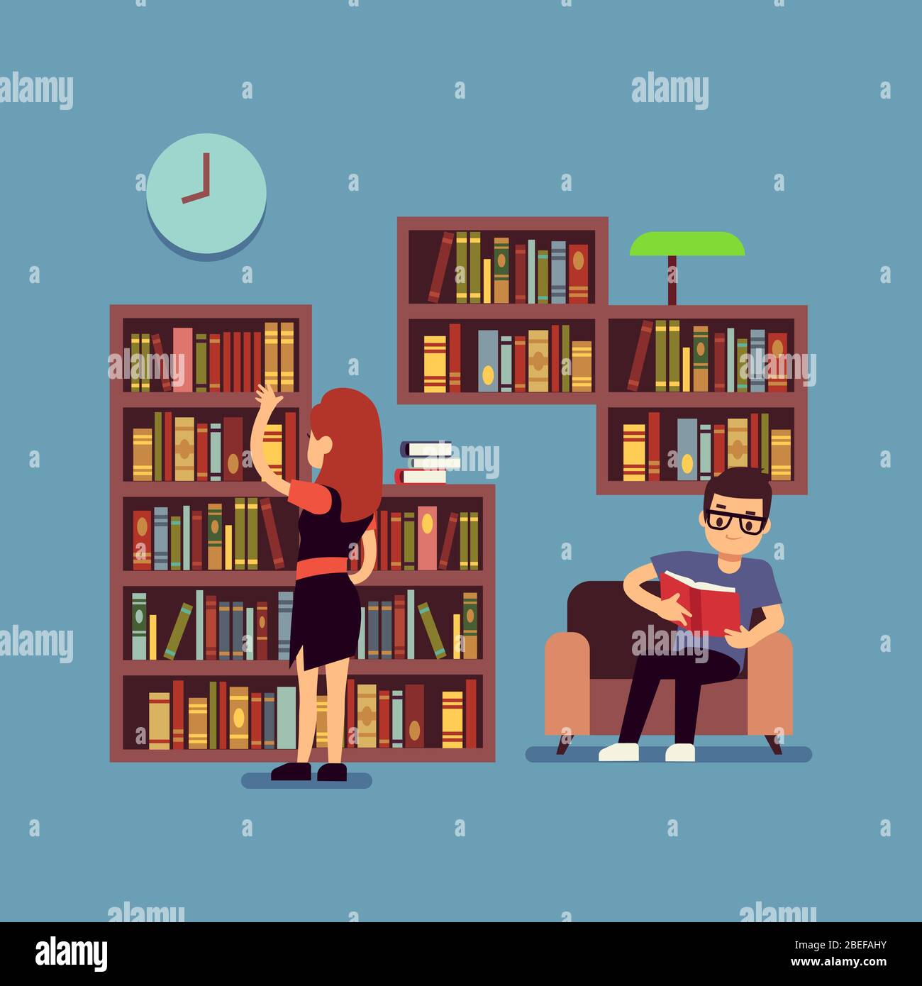 Junges Paar Bücher lesen - flache Bibliothek oder Wohnzimmer Konzept. Guy und Mädchen lesen Buch zu Hause, Vektor-Illustration Stock Vektor