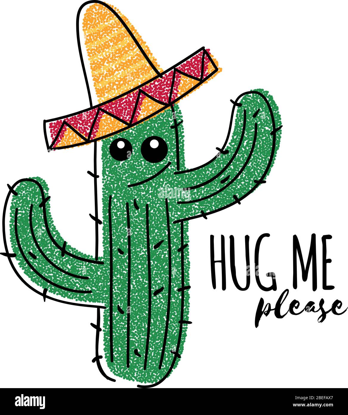 Mexikanischer Doodle Kaktus mit Umarmung mich bitte Inschrift. Vector T-Shirt-Print. Grüner Kaktus exotische, tropische mexikanische Sukkulente Pflanze in Sombrero-Illustration Stock Vektor