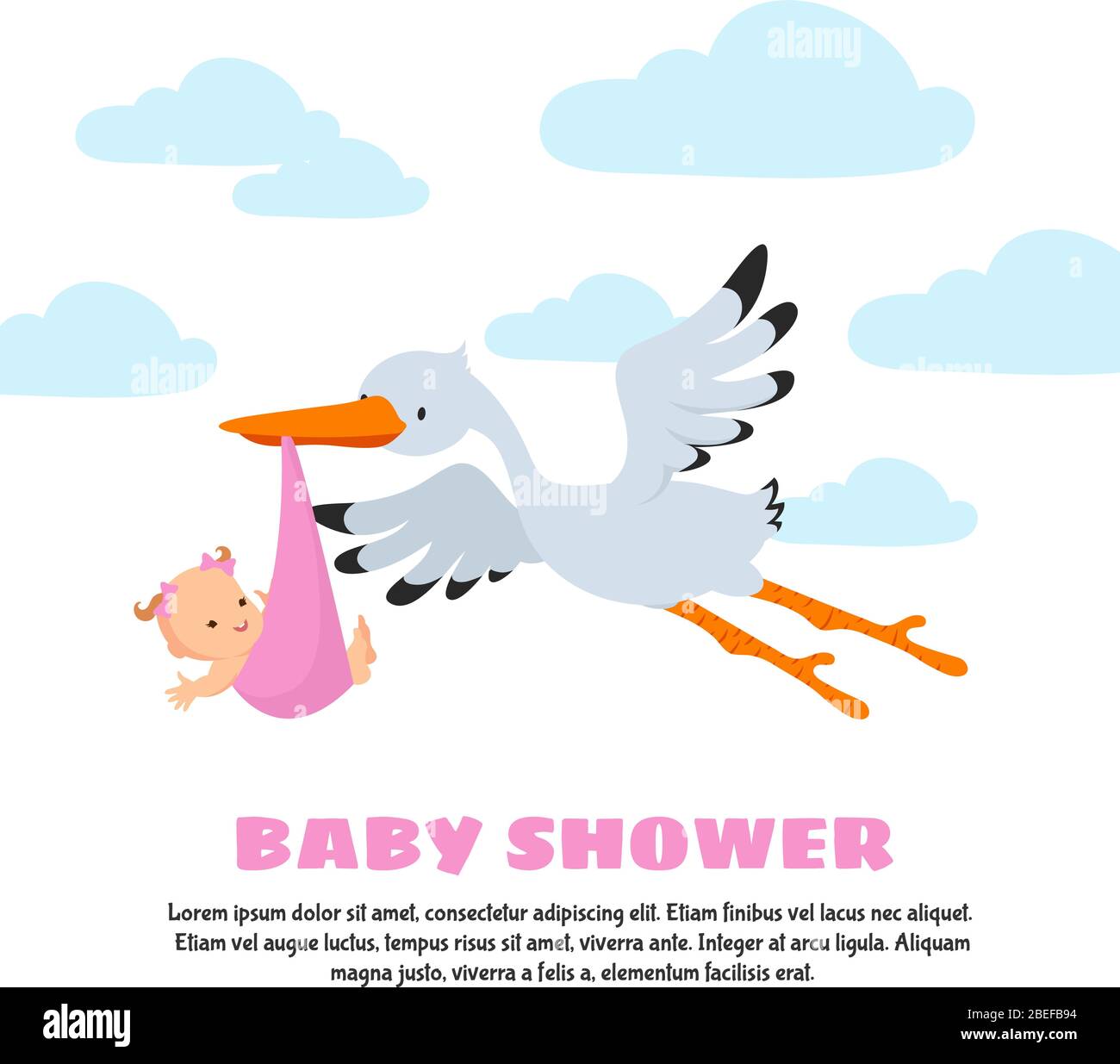 Baby Dusche Vektor Hintergrund mit Storch tragen Säugling. Storch und Baby, Neugeborenes Kind Illustration Stock Vektor