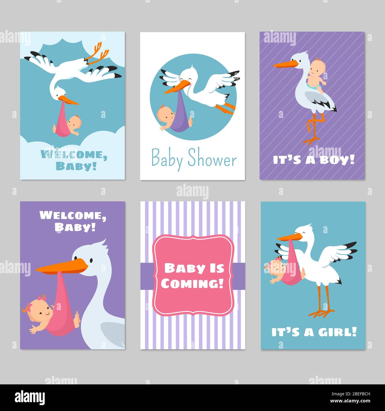 Baby Dusche Einladungen Vektor-Karten mit Storch und Baby. Ankunft Junge oder Mädchen Illustration Stock Vektor