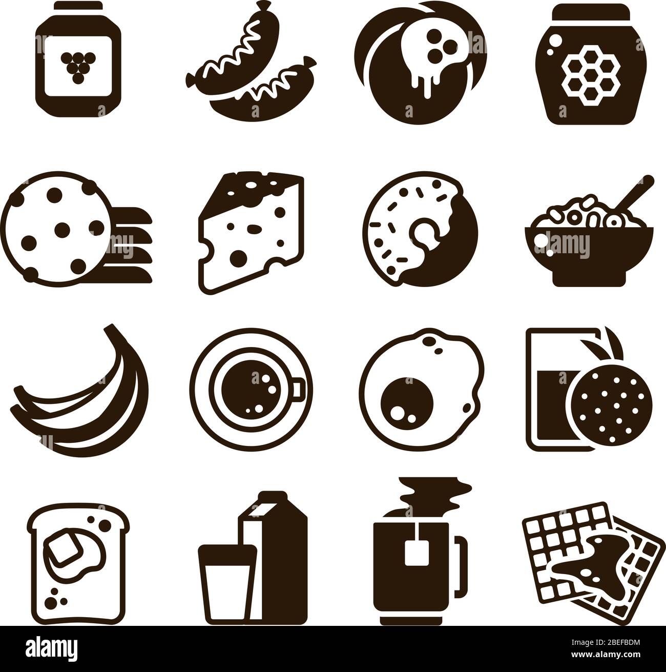 Frühstück Lebensmittel Vektor Silhouette Symbole isoliert. Illustration von Frühstück Essen und Trinken Stock Vektor