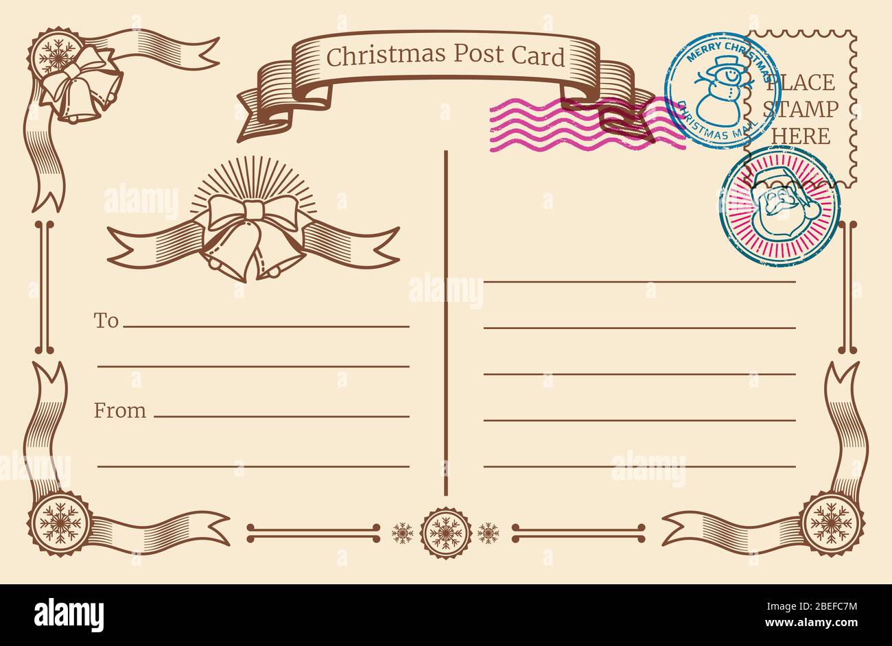Vintage weihnachten leere Postkarte mit Text Raum und Weihnachten Briefmarken. Vektor Vorlage Postkarte leer für Weihnachten Urlaub mit Stempel Illustration Stock Vektor
