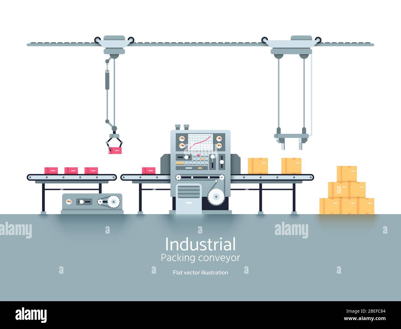 Industrielle Produktion Fabrik Förderer flachen Vektor Illustration. Industrielle Fördermaschine für Produktion und Fertigungsprozess Stock Vektor