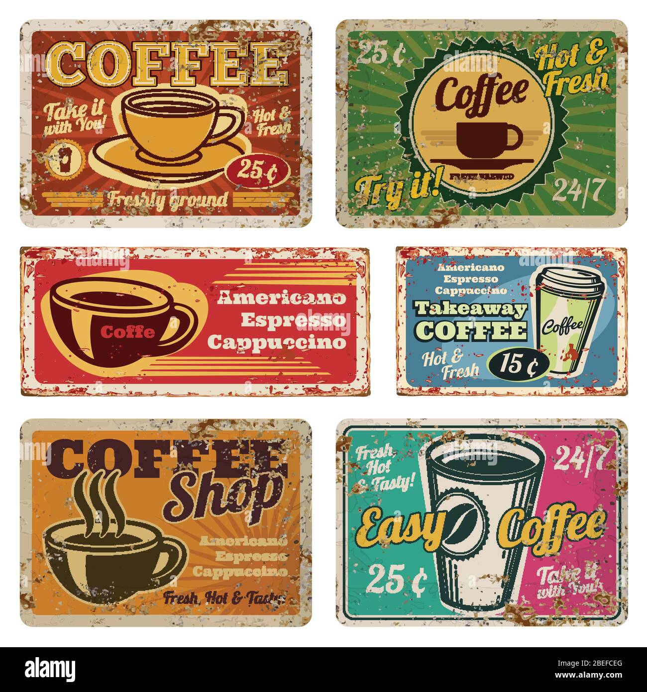 Vintage Coffee Shop und Cafe Metall Vektor-Zeichen in alten 1940er Stil. Vintage Kaffee Poster Grunge, Banner mit heißen Kaffee Illustration Stock Vektor