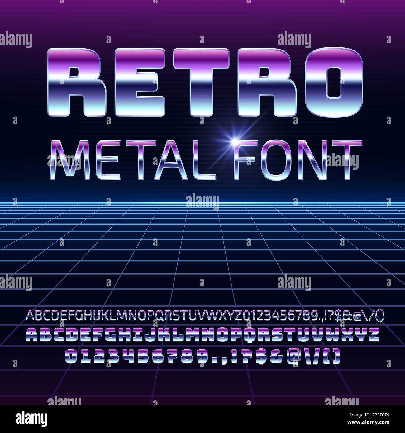 Retro Raum Metall Vektor Schriftart. Metallica futuristische Chrom Buchstaben und Zahlen im 80er Jahre Vintage-Stil. Futuristisches Vintage-Alphabet, Schrift 80er Typografie Illustration Stock Vektor