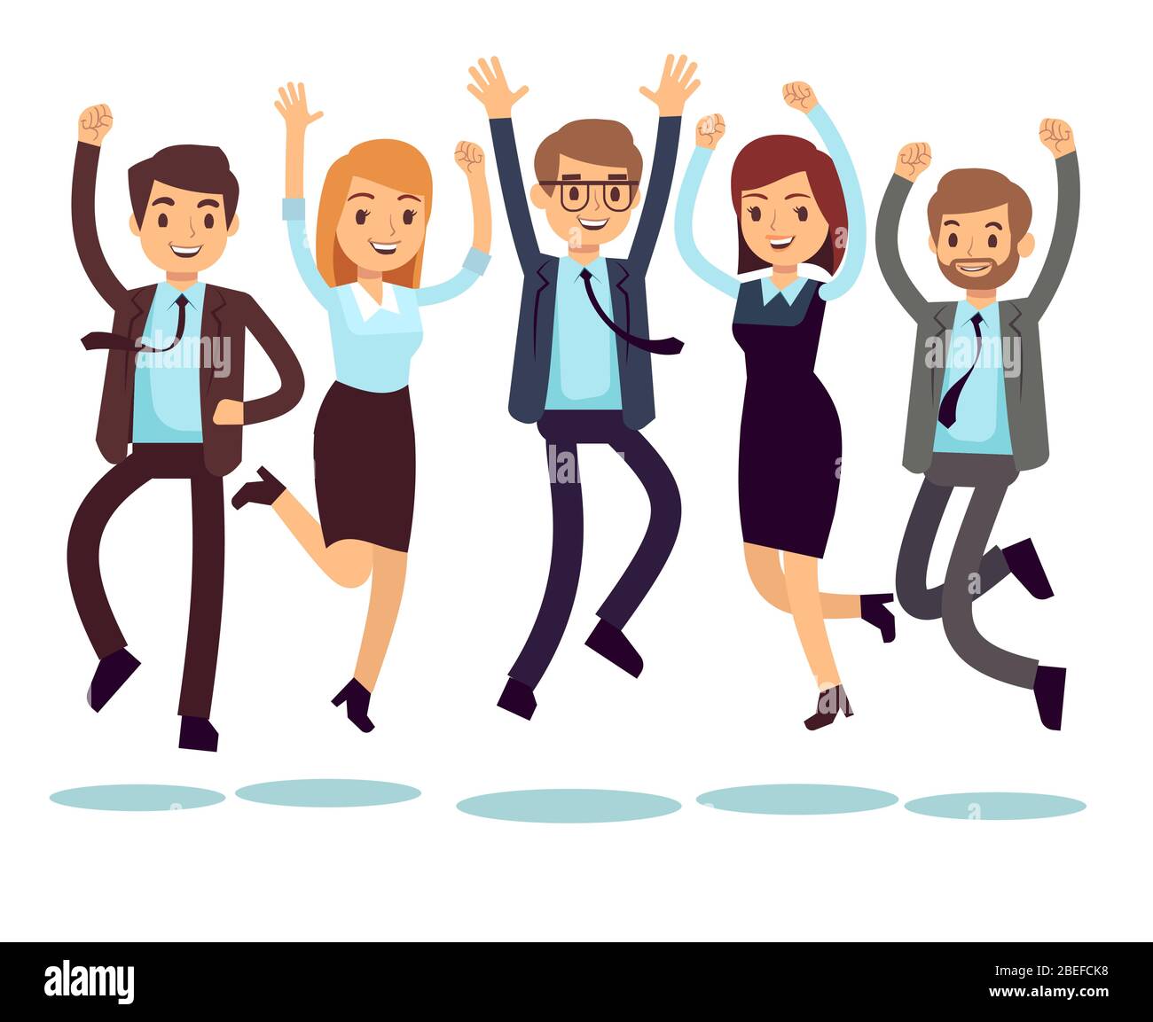 Glücklich und lächelnde Arbeiter, Geschäftsleute springen flache Vektor-Zeichen. Fröhliche Mitarbeiter Charakter, Teambüro Menschen Illustration Stock Vektor