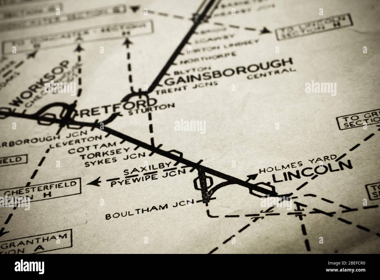 Vintage LNER Rail Network Map zeigt Linien in der Lincoln und Retford Gegend. Stockfoto