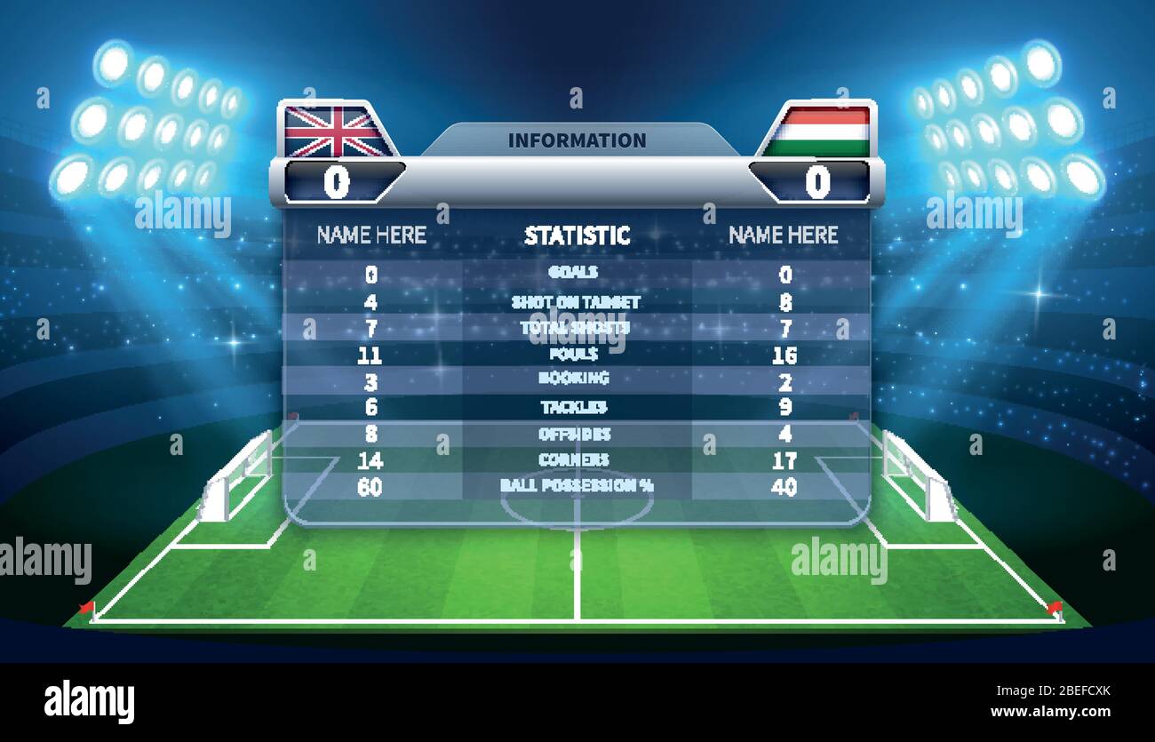 Fußball Anzeigetafel und Fußball-Stadion Vektor-Mockup. Fußballstadion und Anzeigetafel mit Informationen Spiel Illustration Stock Vektor