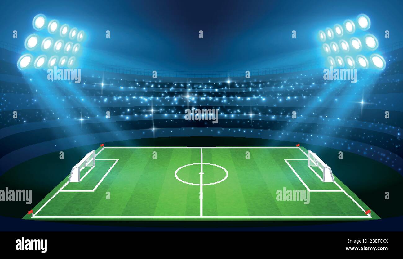 Fußballstadion mit leerem Fußballfeld und Spotlights Vektorgrafik. Stadion  für Fußball mit grünen leeren Feld Stock-Vektorgrafik - Alamy