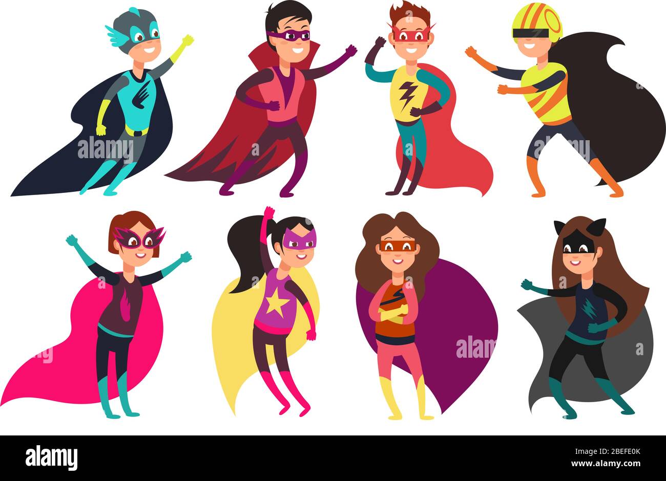 Glückliche Kinder Superhelden tragen bunte Superheros Kostüme. Cartoon Kinder Charaktere Superheld tragen in Farbe Kostüm Illustration Stock Vektor