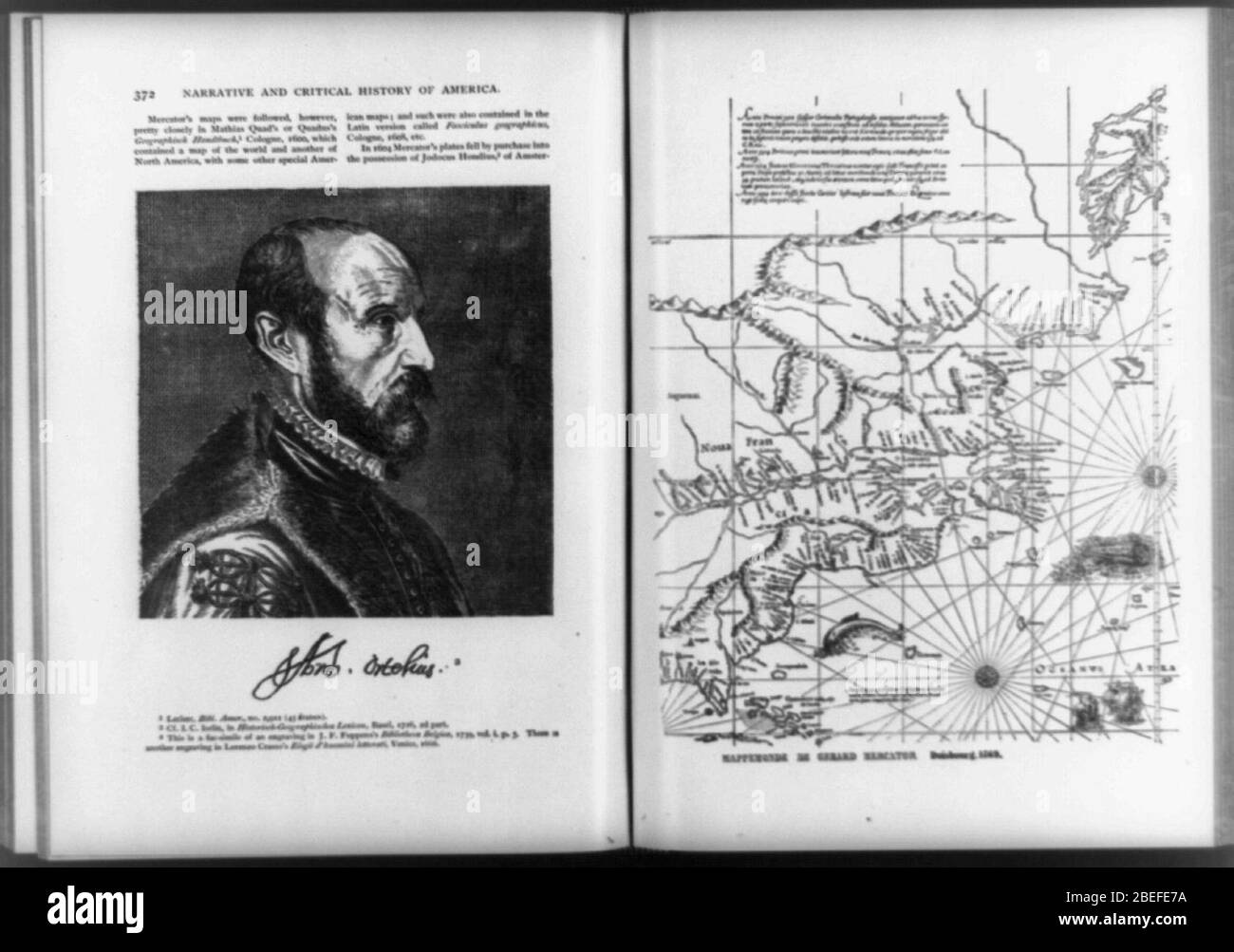 Kopf und Schultern Portrait von Abraham Ortelius, flämische Kartograph und Geograph, nach rechts (links); und ein Detail der Mercator Weltkarte von 1569 (rechts) Stockfoto
