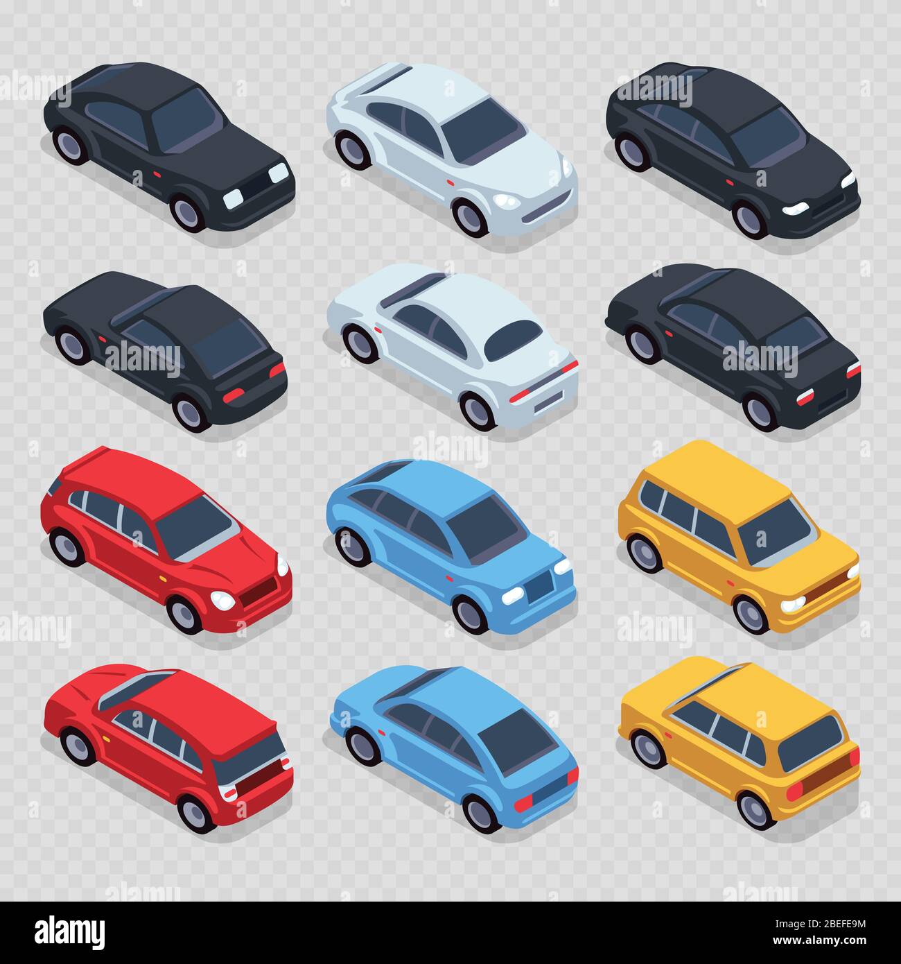 Isometrische 3d-Autos auf transparentem Hintergrund isoliert gesetzt. Set Transport isometrische Automobil, Vektor-Abbildung Stock Vektor