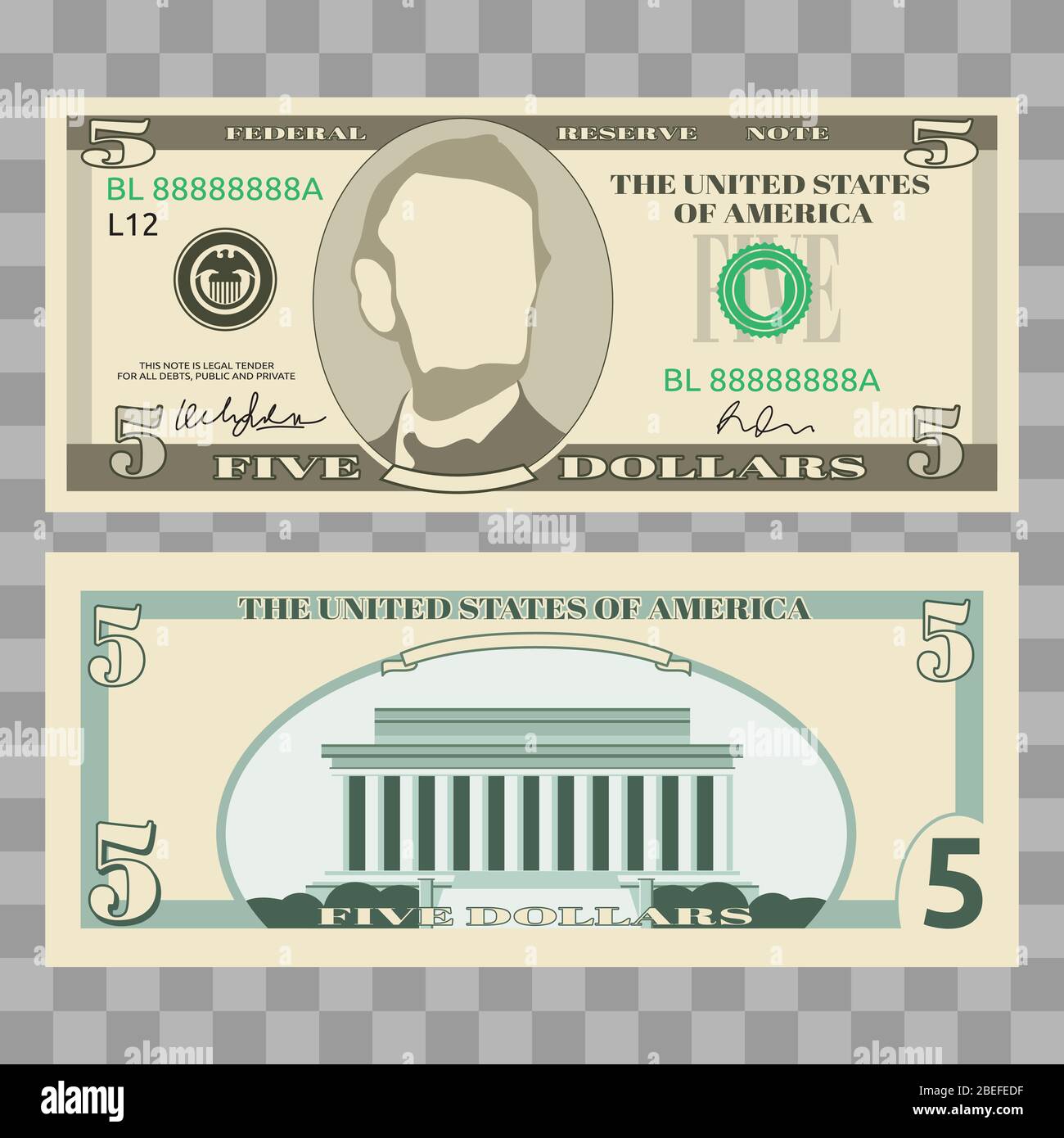 Dollar-Banknoten, US-Währung Geldscheine - 5 Dollar isoliert auf transparentem Hintergrund. Vektorgrafik Stock Vektor