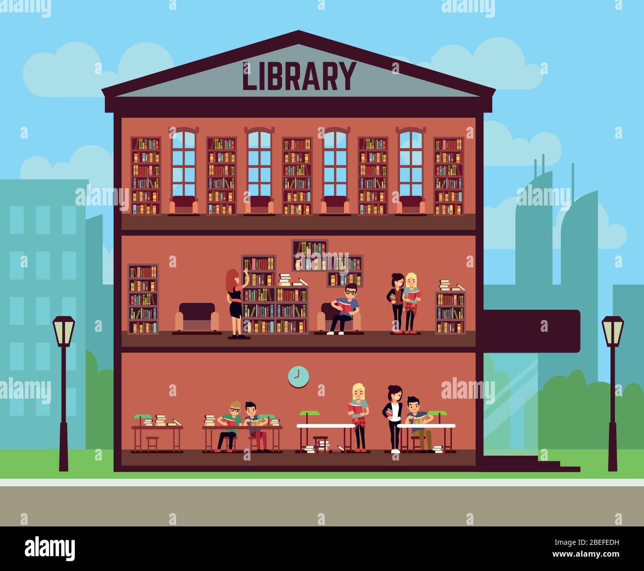 Konzept der öffentlichen Bibliothek mit verschiedenen Studierenden, die Bücher lesen. Vektorgrafik Stock Vektor