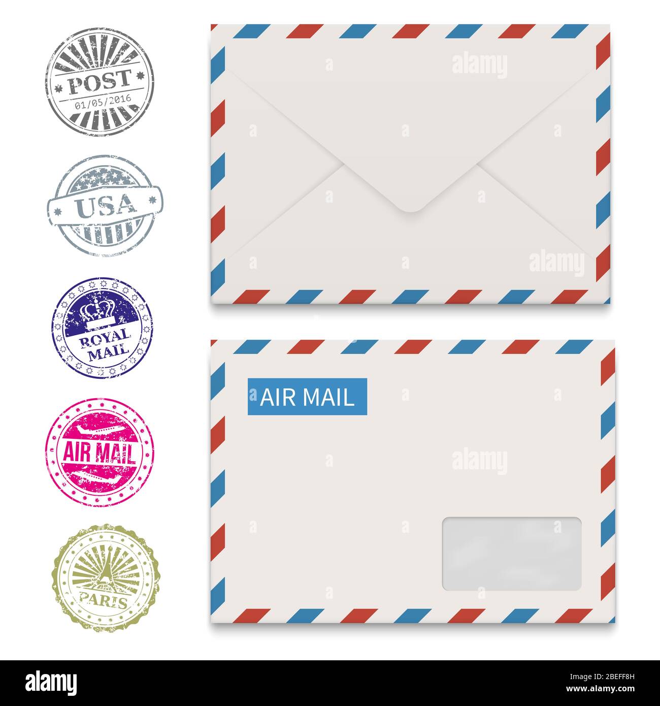 Briefumschläge und Grunge-Briefmarken isoliert auf weiß. Vektorpoststempel und Briefumschlag Illustration Stock Vektor