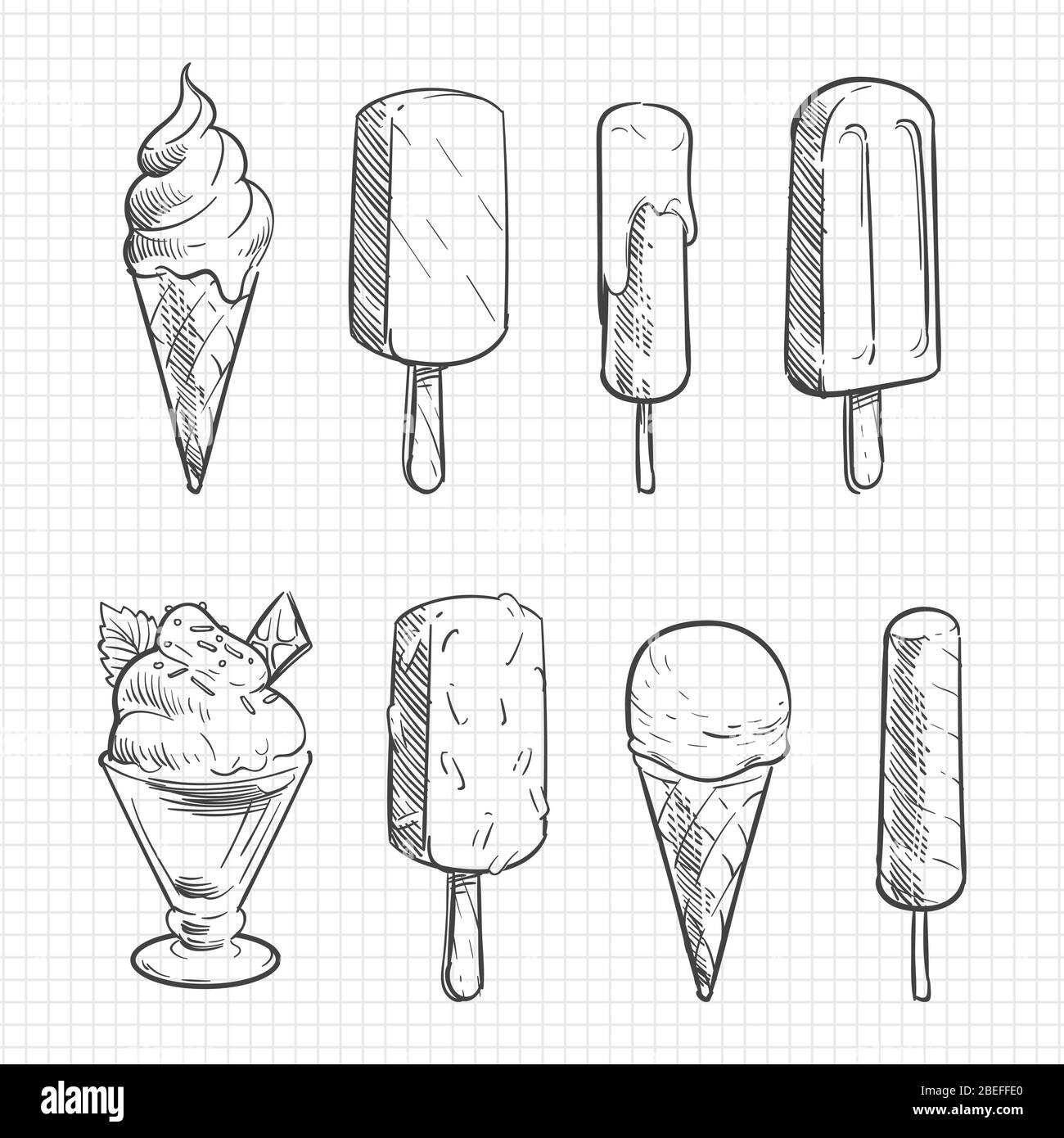 Eiscreme Skizzensammlung auf Notizbuchseite isoliert. Vektorgrafik Stock Vektor