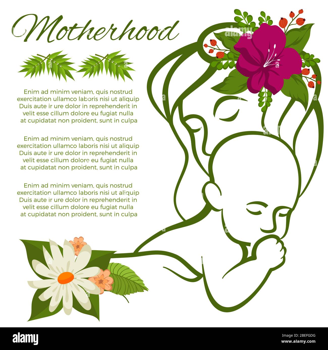 Mutter und Baby Linie Silhouette und Blumen - Mutterschaft Poster Design. Vektorgrafik Stock Vektor