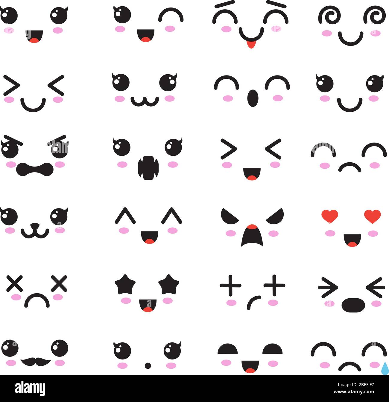 Cartoon kawaii Augen und Mund. Niedliche Emoticon Emoji-Charaktere im japanischen Stil. Vektor Emotion Lächeln Cartoon, kawaii japanischen Anime Illustration Stock Vektor