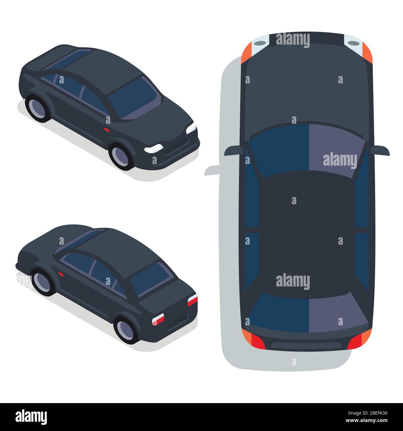 Vector flache Stil Autos in verschiedenen Ansichten. Abbildung der schwarzen Limousine Stock Vektor