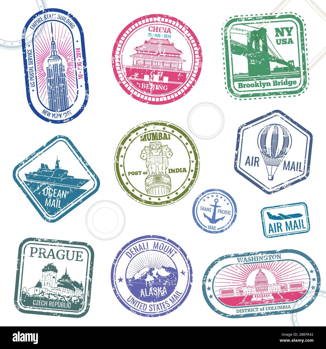 Vintage Pass Reise Vektor-Briefmarken mit internationalen Symbolen und berühmte Marke. Reise Ankunft Stempel für Pass, internationale nationale Grenze Abbildung Stock Vektor