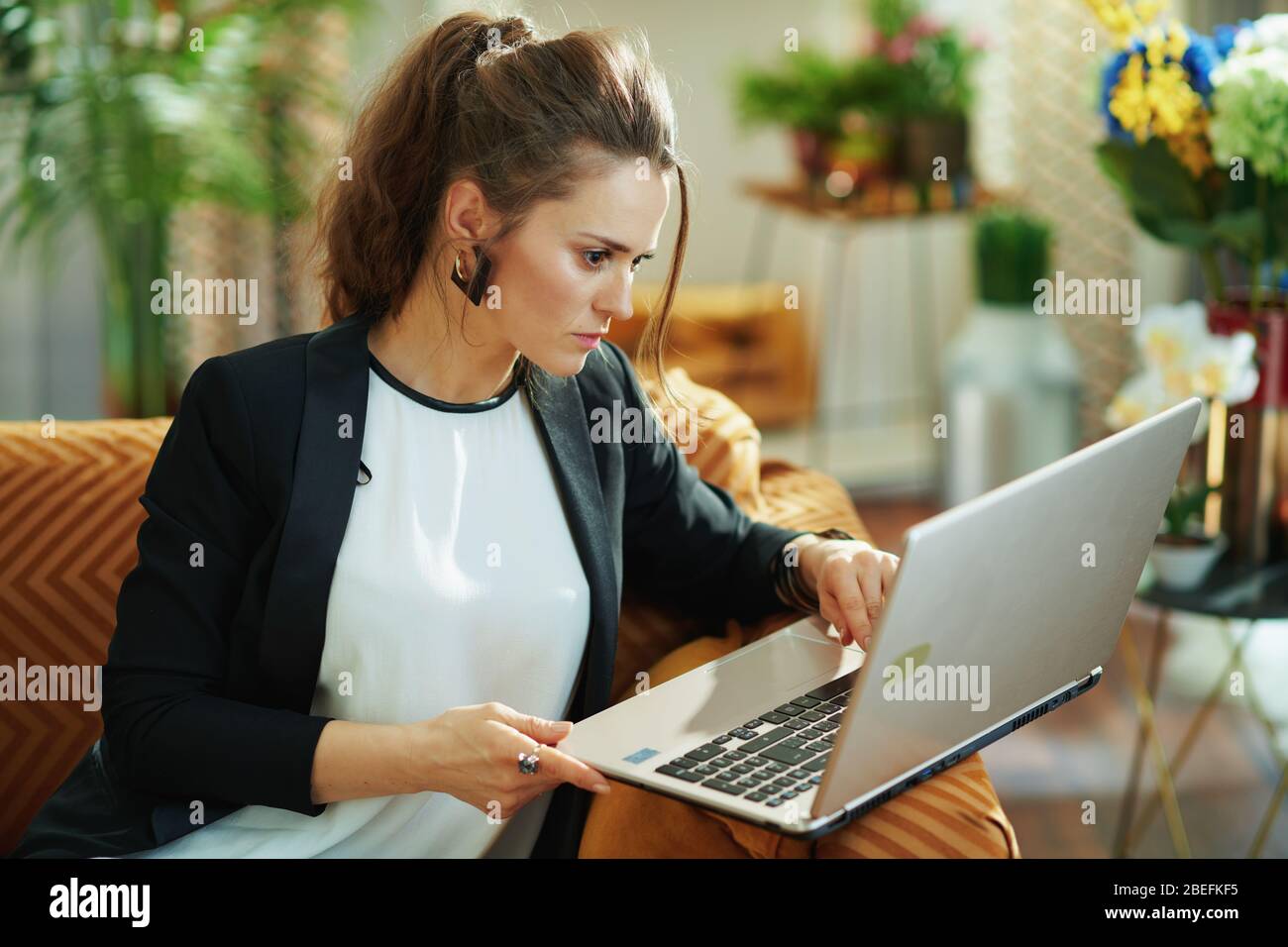 Konzentrierte stilvolle Hausfrau in weißer Bluse und schwarze Jacke im modernen Wohnzimmer in sonnigen Tag Schnitt auf einem Laptop, während auf dem Sofa sitzen. Typi Stockfoto