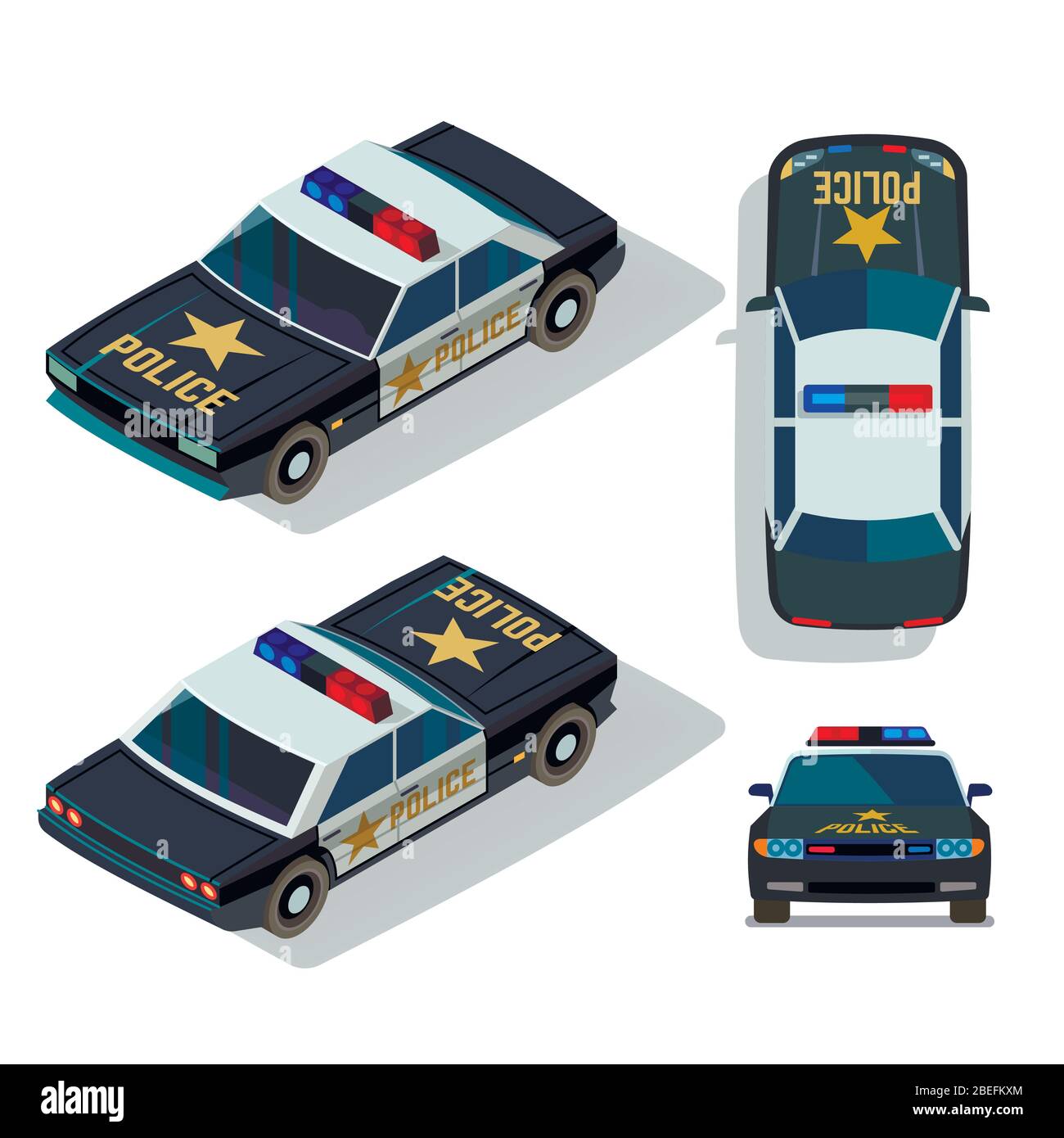 Vector flache-Stil Autos in verschiedenen Ansichten. Isometrische Polizei Auto Transport Patrol oben und Vorderansicht Abbildung Stock Vektor