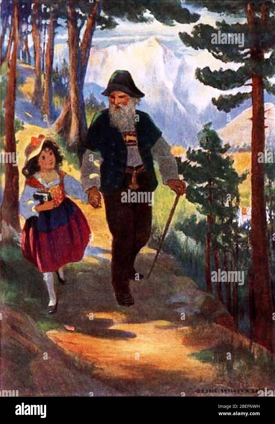 Heidi-chapter14c - die Glocken läuten in jede Richtung und klingelten nun lauter und voller, als sie sich dem Tal näherten. Stockfoto