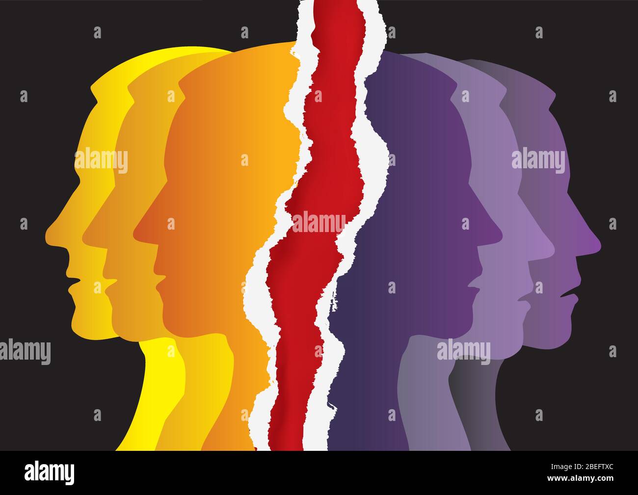 Schizophrenie, manische Depression, männliche Kopfsilhouetten auf zerrissenem Papier. Illustration von stilisierten männlichen Kopf Silhouetten. Stock Vektor