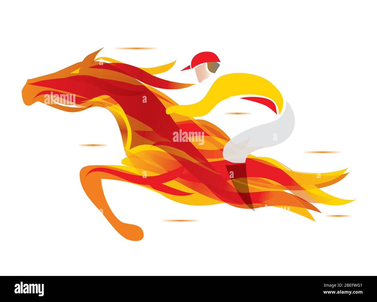 Feuriges Pferd mit Jockey. Bunte stilisierte Illustration von Jockey auf dem laufenden Feuerpferd. Vektor verfügbar. Stock Vektor