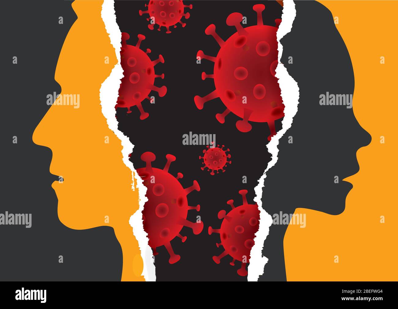 Traurige geschiedene Paar, Quarantäne als Test der Beziehung. Zerrissenes Papier mit stilisierten Silhouetten und Coronavirus. Vektor verfügbar. Stock Vektor