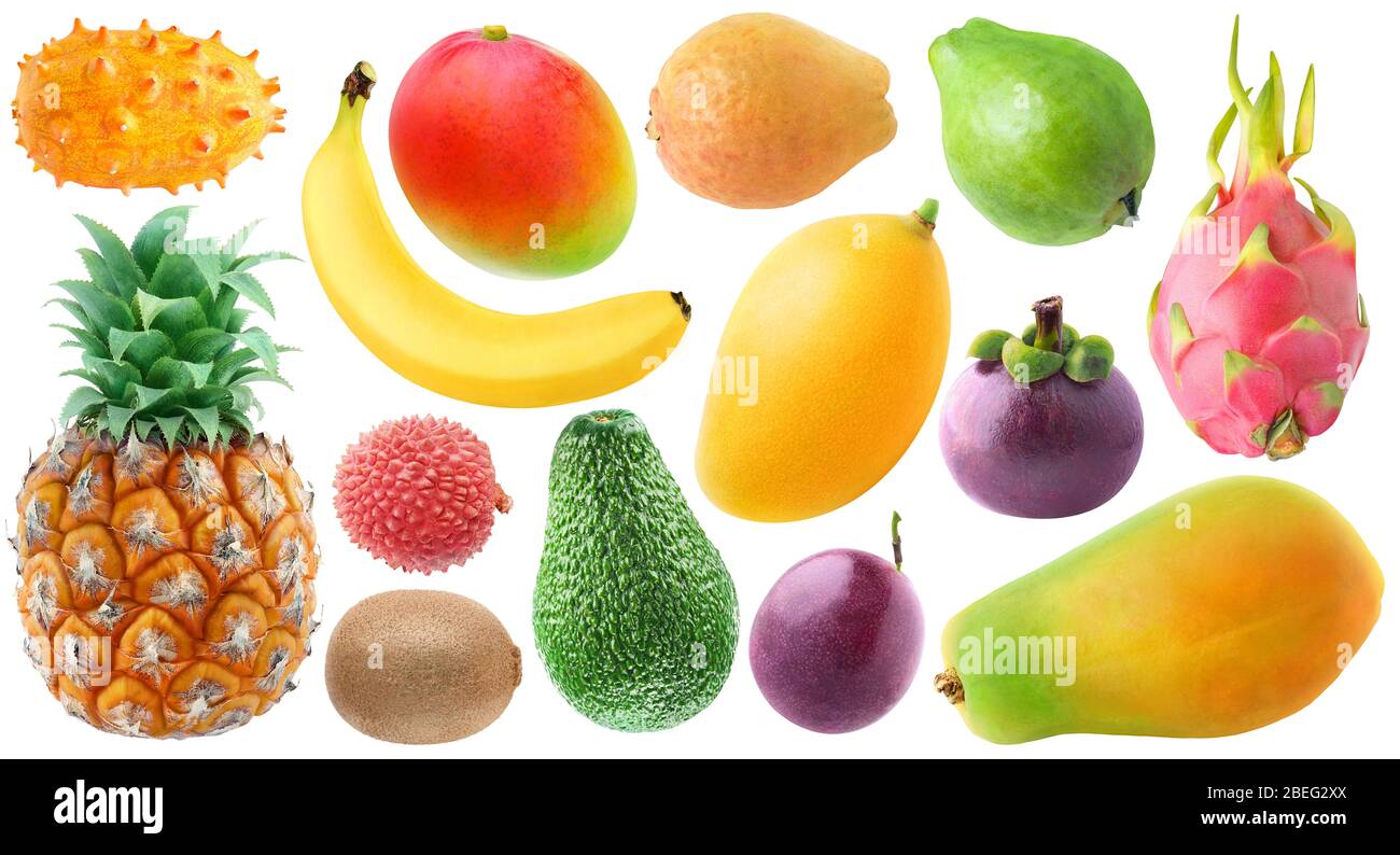 Isolierte tropische Früchte Sammlung. Frische Kiwano, Banane, rote und gelbe Mango, Mangostan, Ananas, Lichee, Kiwi, Avocado, Passionsfrucht, Librefruh Stockfoto