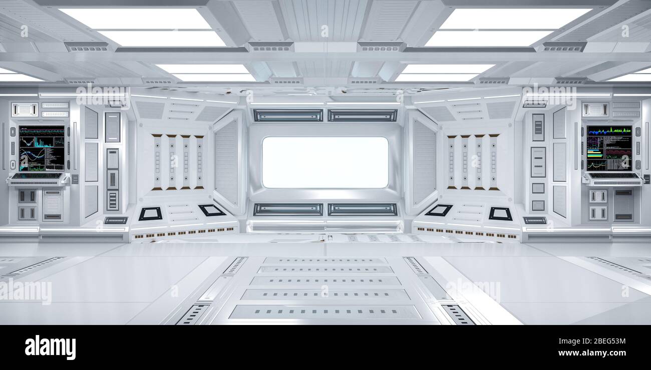 Futuristischer Sci-Fi-Flur Interieur mit Computer und Monitor Bildschirm an der Wand, 3D-Rendering Stockfoto