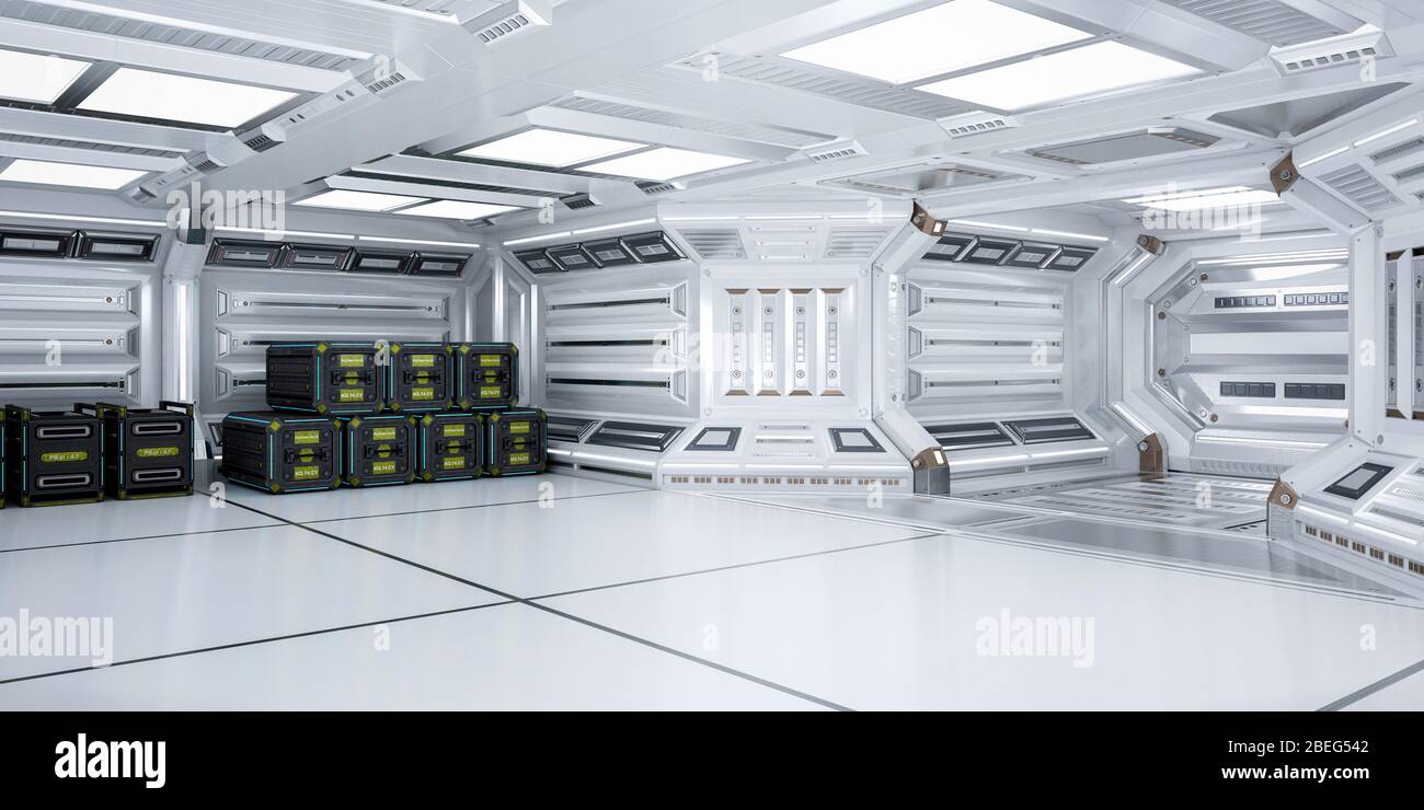 Futuristische Architektur Sci-Fi Flur und Korridor Interieur, 3D Rendering Stockfoto