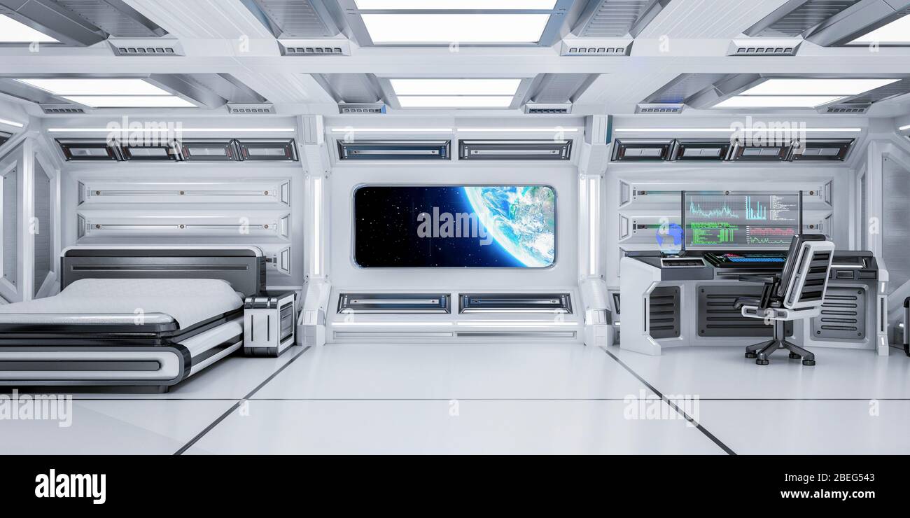 Futuristische Science Fiction Schlafzimmer mit Planet Earth View in Space Station, 3D Rendering Stockfoto