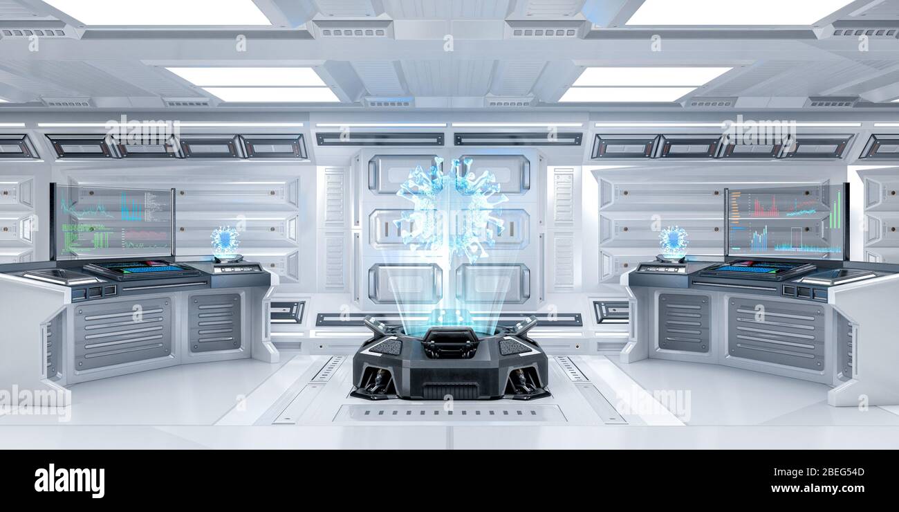 Futuristische Sci-Fi-Forschungsraum Interieur mit Hologramm-Maschine Anzeige Coronavirus oder Covid-19, 3D-Rendering Stockfoto