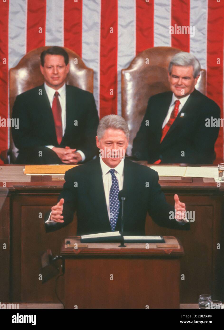 WASHINGTON, DC, USA, 4. FEBRUAR 1997: Präsident Bill Clinton, Rede zur Lage der Union vor der gemeinsamen Sitzung des Kongresses. Stockfoto