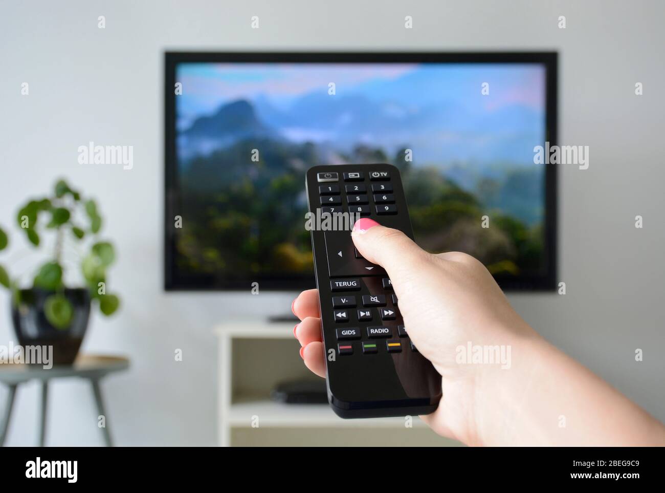 Fernsehen. Eine Frauenhand, die die Fernbedienung des Fernsehers mit einem Fernseher im Hintergrund hält. Natur, Dokumentation, tv-Bildschirm, Binge watching Stockfoto