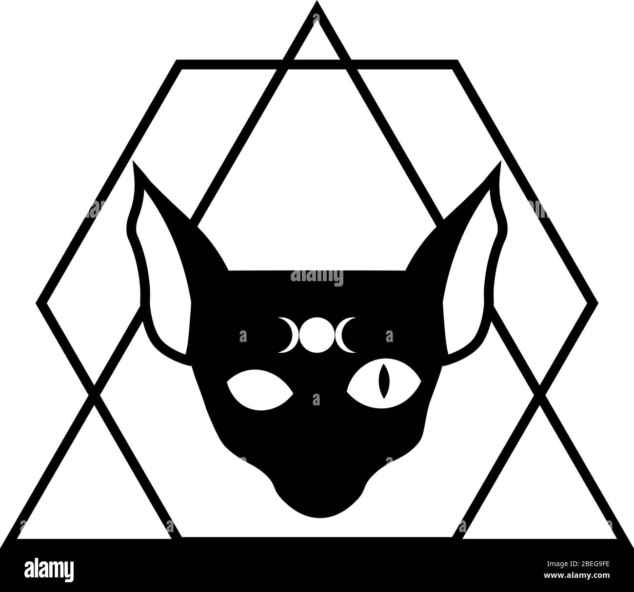 Silhouette der schwarzen sphynx Katze mit einem offenen Auge und Mondphasen Symbol auf der Stirn in geometrischem Rahmen Stock Vektor