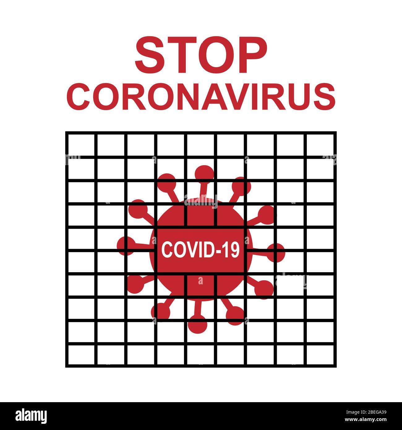 COVID-19 Bakterien in einem Käfig mit Zitat stoppen Coronavirus. Isoliert auf weißem Hintergrund. Vektorgrafik. Stock Vektor
