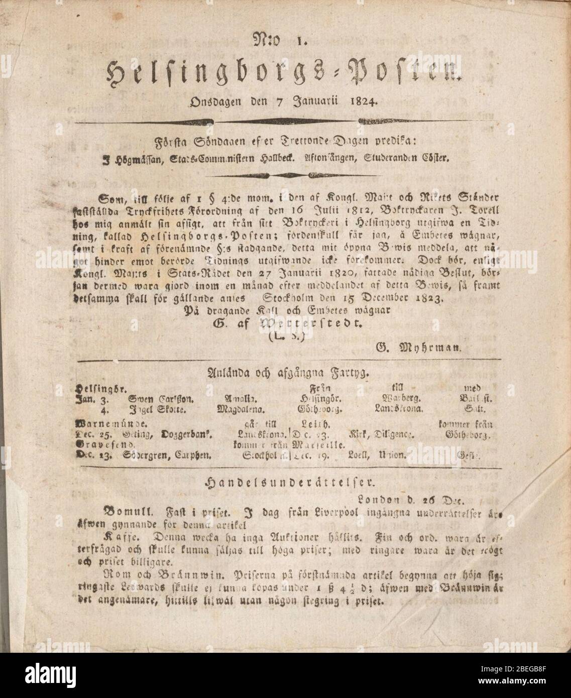 Helsingborgs-Posten, första numret 7 januari 1824. Stockfoto
