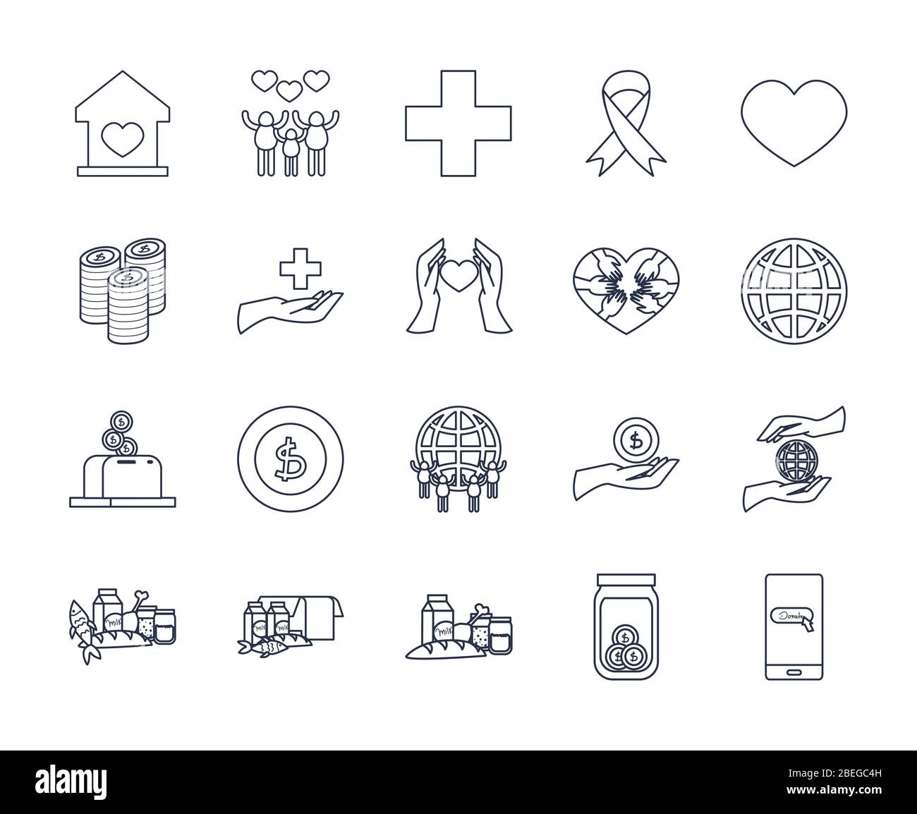 Medizinische Hilfsmittel, Wohltätigkeit und Spenden Symbol auf weißem Hintergrund, Linienstil