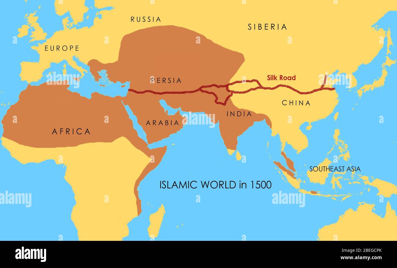 Eine Karte zeigt die Route der Seidenstraße, die zwischen dem 2. Jahrhundert v. Chr. und dem 18. Jahrhundert Ost und West verband. Die dunkelgelben Bereiche zeigen das Ausmaß der islamischen Welt im Jahr 1500 an. Stockfoto