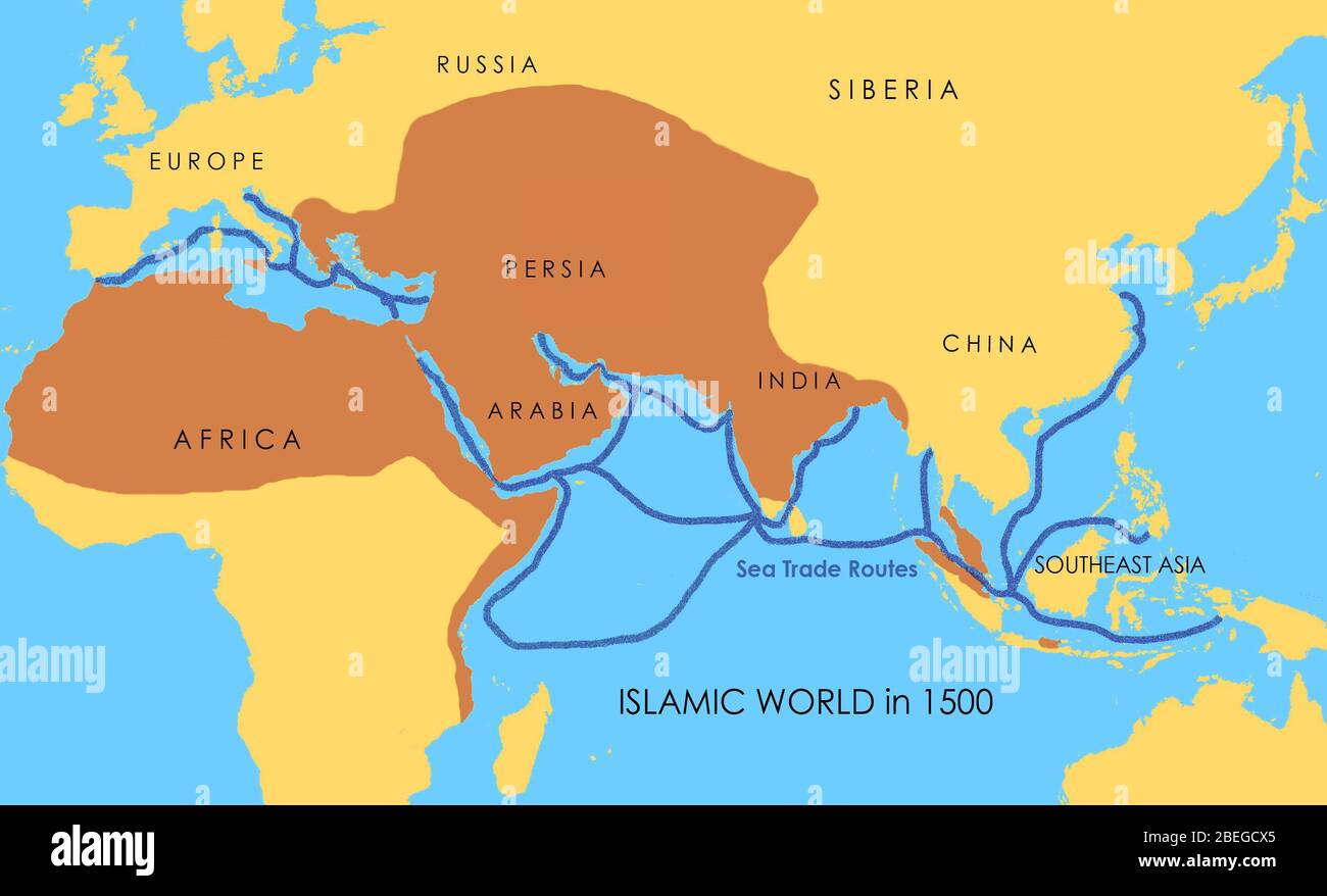Eine Karte, die ein Netz mittelalterlicher Seeverkehrsrouten zeigt. Die dunkelgelben Bereiche zeigen das Ausmaß der islamischen Welt im Jahr 1500 an. Stockfoto