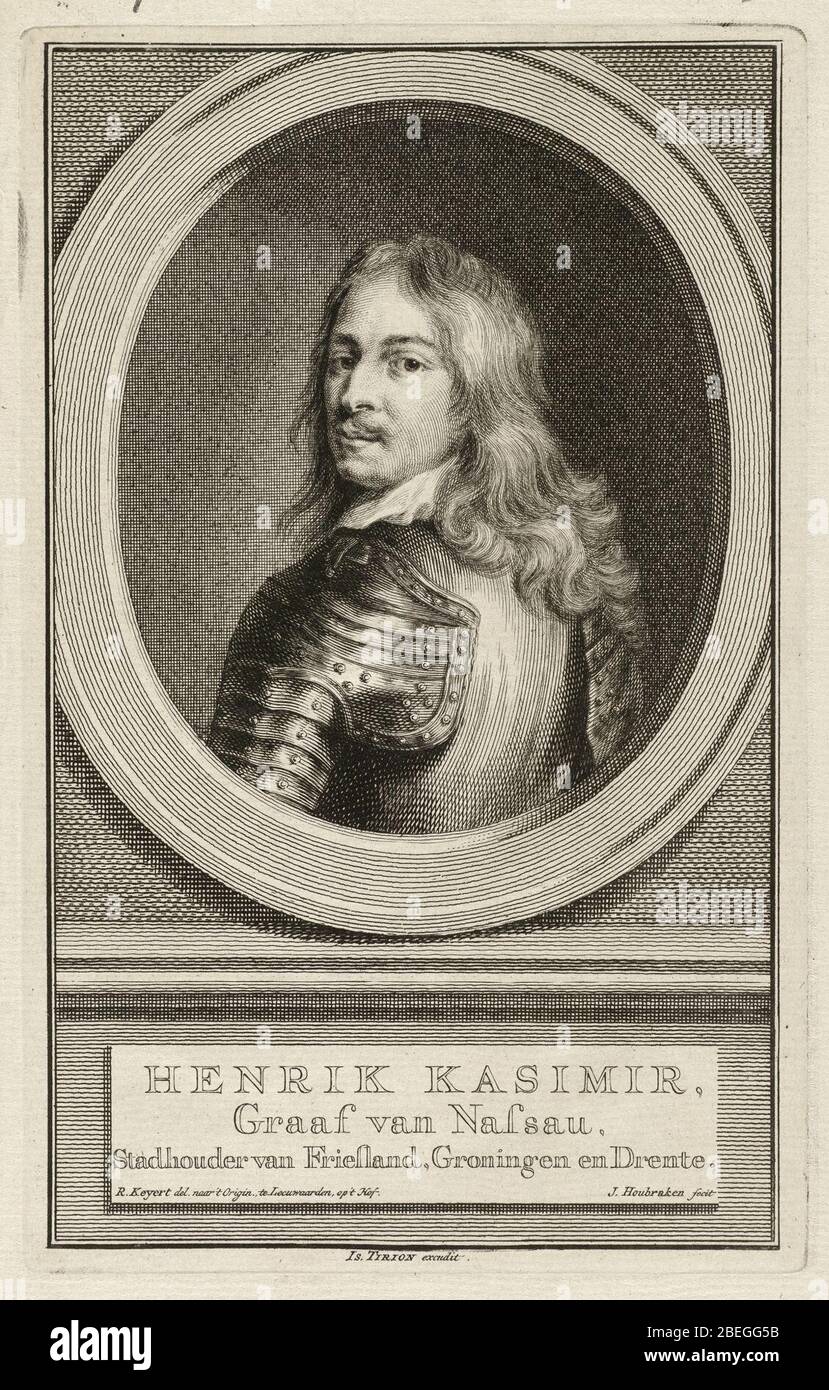 Hendrik Kasimir, Graaf van Nassau Portrett van Hendrik Casimir I, op de rug gezien en over zijn linkerschouder kijkend, in een ovaal. Het portret rust op een plint waarop zijn naam in dri, Stockfoto